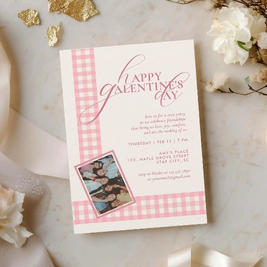 Elegant Chic Pink Check Typography Galentines Day Einladung