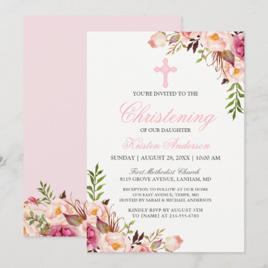 Elegant Chic Pink floral Christening Taufe Einladung (Vorne/Hinten)