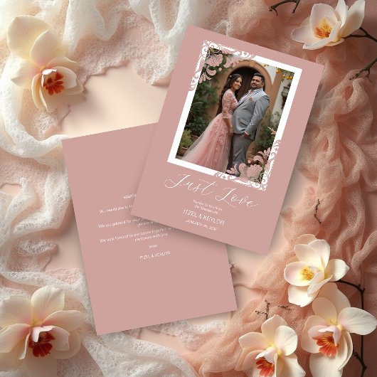 Elegant Chic Pink Ornate Corner Photo Wedding Dankeskarte