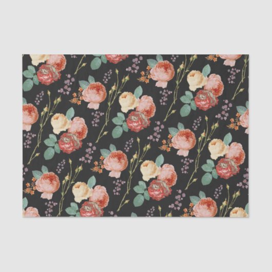 Elegant Chic Pink Roses Floral on Black Seidenpapier (Vorderseite)