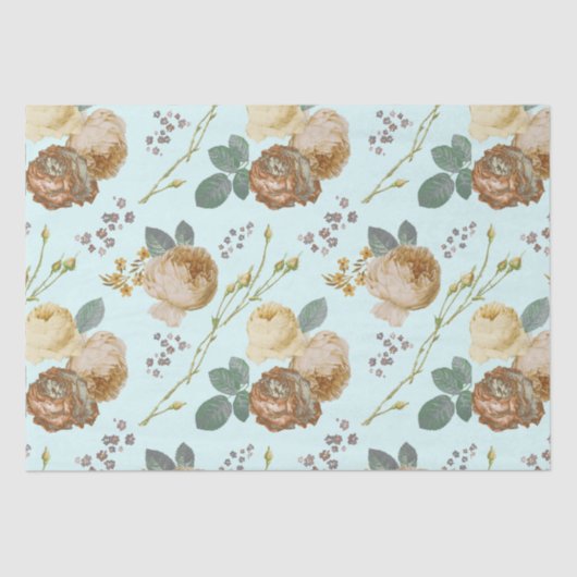 Elegant Chic Pink Roses Floral on Light Blue Seidenpapier (Vorderseite)
