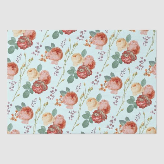Elegant Chic Pink Roses Floral on Light Blue Seidenpapier (Vorderseite)