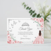 Elegant Chic Pink Roses Silver Quinceanera Dankeskarte (Stehend Vorderseite)