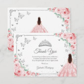 Elegant Chic Pink Roses Silver Quinceanera Dankeskarte (Vorne/Hinten)