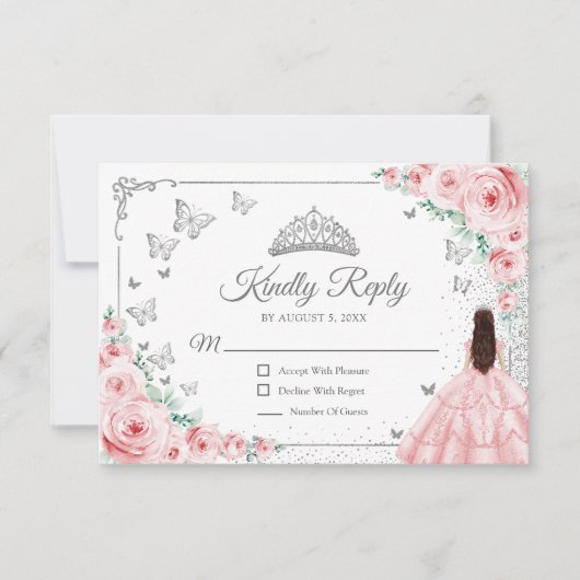 Elegant Chic Pink Silver Quinceanera Reply RSVP Karte (Vorderseite)
