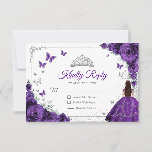 Elegant Chic Purple Silver Quinceanera Reply RSVP Karte (Vorderseite)