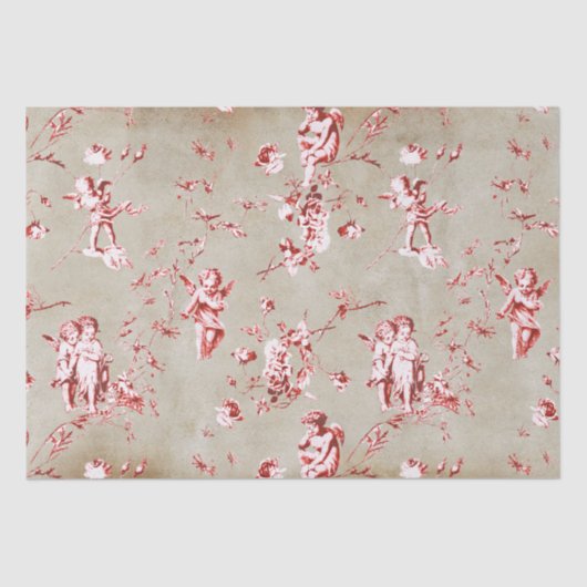 Elegant Chic Red Cupid Angels Floral Toile Kraft Seidenpapier (Vorderseite)