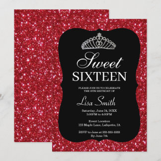 Elegant Chic Red Glitzer Tiara Sweet 16 Einladung