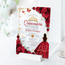 Elegant Chic Red Roses Gold Quinceanera