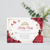 Elegant Chic Red Roses Gold Quinceanera Reply RSVP Karte (Stehend Vorderseite)