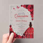 Elegant Chic Red Roses Silver Quinceanera Acryleinladungen (Insitu (Handheld))