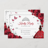 Elegant Chic Red Silver Quinceanera Reply RSVP Karte (Vorne/Hinten)