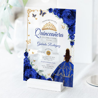 Elegant Chic Royal Blue Roses Gold Quinceanera  Acryleinladungen