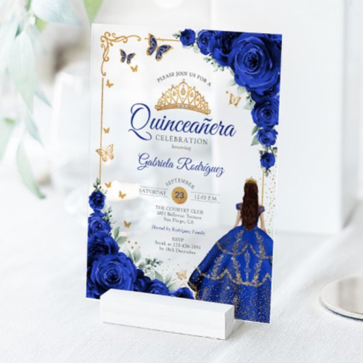 Elegant Chic Royal Blue Roses Gold Quinceanera  Acryleinladungen