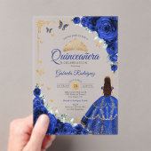 Elegant Chic Royal Blue Roses Gold Quinceanera Acryleinladungen (Insitu (Handheld))