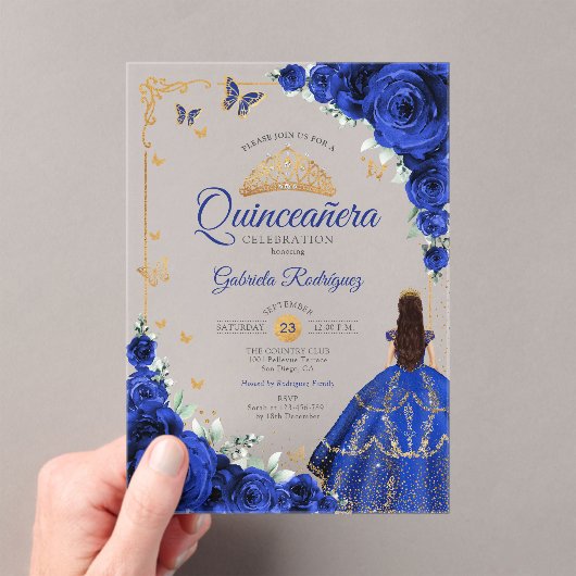 Elegant Chic Royal Blue Roses Gold Quinceanera  Acryleinladungen (Insitu (Handheld))