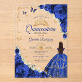Elegant Chic Royal Blue Roses Gold Quinceanera Acryleinladungen (Vorderseite)