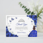 Elegant Chic Royal Blue Roses Silver Quinceanera Dankeskarte (Stehend Vorderseite)