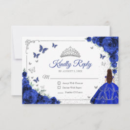 Elegant Chic Royal Blue Silver Quinceanera Reply RSVP Karte