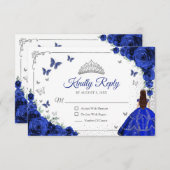 Elegant Chic Royal Blue Silver Quinceanera Reply RSVP Karte (Vorne/Hinten)