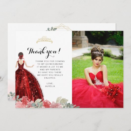 Elegant Chic Ruby Red Floral Geometric Quinceañera Dankeskarte (Vorne/Hinten)