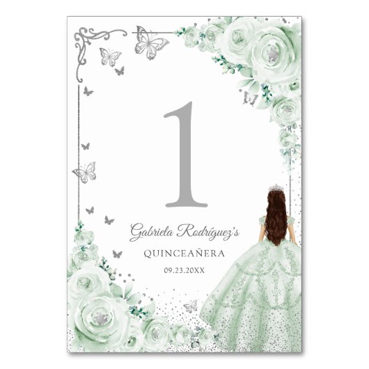 Elegant Chic Sage Green Roses Silver Quinceanera Tischnummer (Vorderseite)