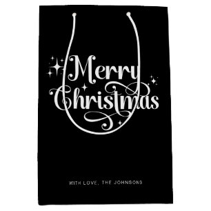 Elegant Chic Script Black & White Frohe Weihnachte Mittlere Geschenktüte