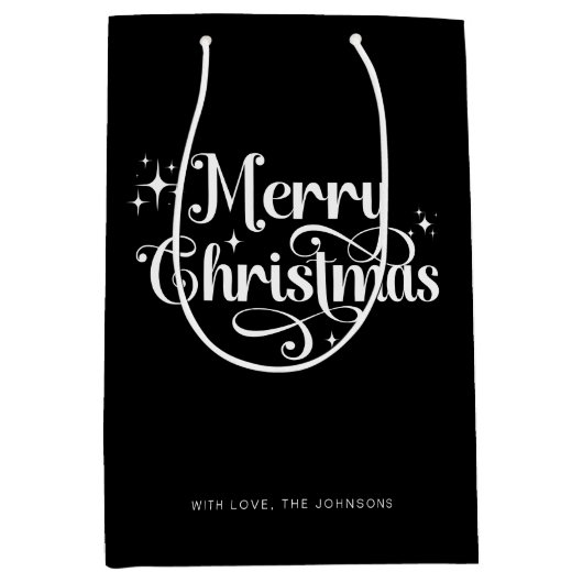 Elegant Chic Script Black & White Frohe Weihnachte Mittlere Geschenktüte (Vorderseite)