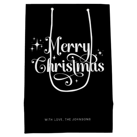 Elegant Chic Script Black & White Frohe Weihnachte Mittlere Geschenktüte (Rückseite)