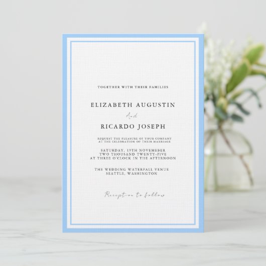 Elegant & Chic Script Blue Wedding Einladung (Stehend Vorderseite)