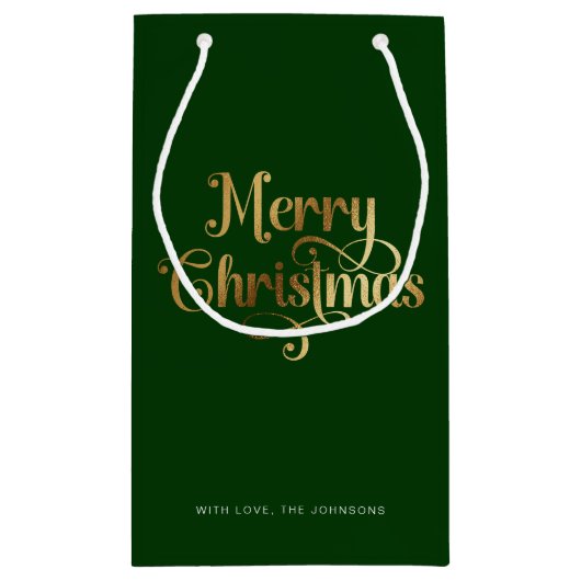 Elegant Chic Script Green Gold Frohe Weihnachten Kleine Geschenktüte (Rückseite)