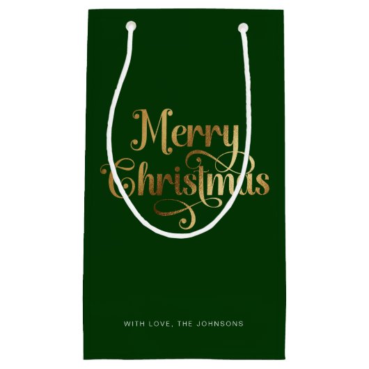 Elegant Chic Script Green Gold Frohe Weihnachten Kleine Geschenktüte (Vorderseite)