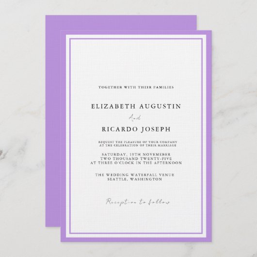 Elegant & Chic Script Lavender Wedding Einladung (Vorne/Hinten)