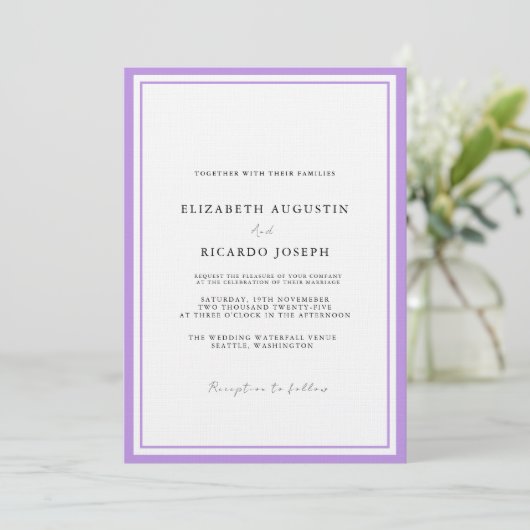 Elegant & Chic Script Lavender Wedding Einladung (Stehend Vorderseite)