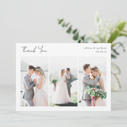 Elegant Chic Script Photo Collage Wedding Karte (Stehend Vorderseite)