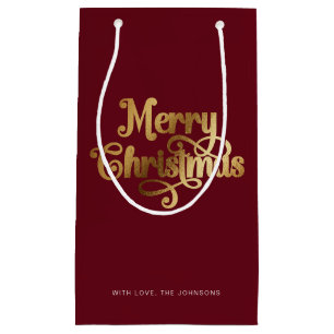 Elegant Chic Script Red Gold Frohe Weihnachten Kleine Geschenktüte