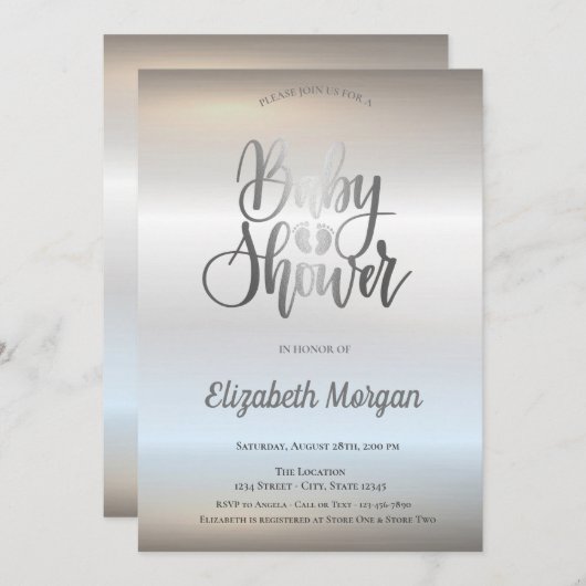 Elegant Chic Silver Baby Shower Einladung (Vorne/Hinten)