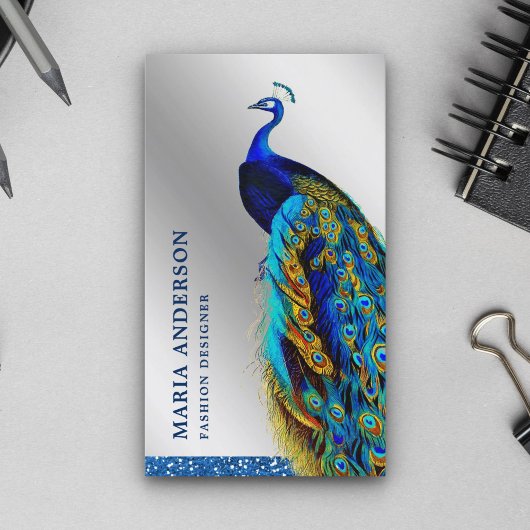 Elegant Chic Silver Foil Blue Indian Peacock Visitenkarte