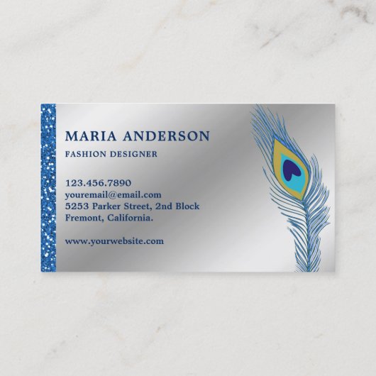 Elegant Chic Silver Foil Blue Indian Peacock Visitenkarte (Rückseite)