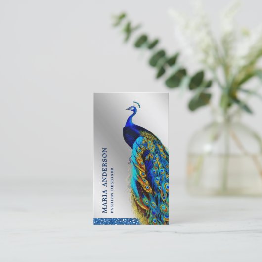 Elegant Chic Silver Foil Blue Indian Peacock Visitenkarte (Stehend Vorderseite)