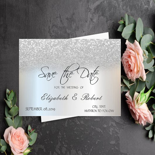 Elegant Chic Silver Glitzer Bokeh Save the Date