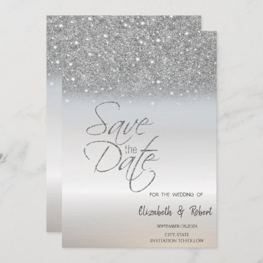 Elegant Chic Silver Glitzer Bokeh Save the Date (Vorne/Hinten)