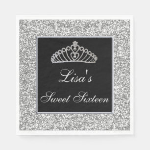Elegant Chic Silver Glitzer Tiara Sweet 16 Serviette