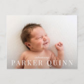 Elegant Chic Typografy Foto Birth Ankündigungspostkarte (Vorderseite)