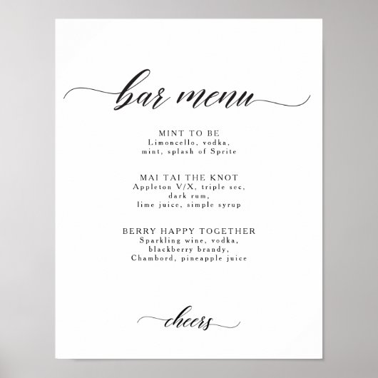 Elegant Chic Wedding Bar or Cocktail Menu Sign Poster (Vorne)