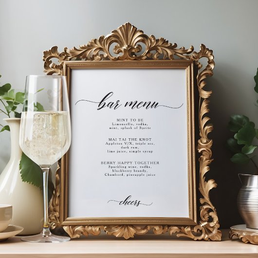 Elegant Chic Wedding Bar or Cocktail Menu Sign Poster