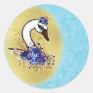 Elegant & Chic Weißer Schwan Blaue Blumen Runder Aufkleber