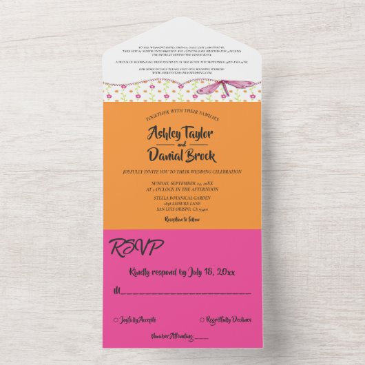 Elegant Chic Whimsical Script Boho Floral Wedding All In One Einladung (Innen Boden)