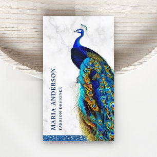 Elegant Chic White Marble Blue Indian Peacock Visitenkarte