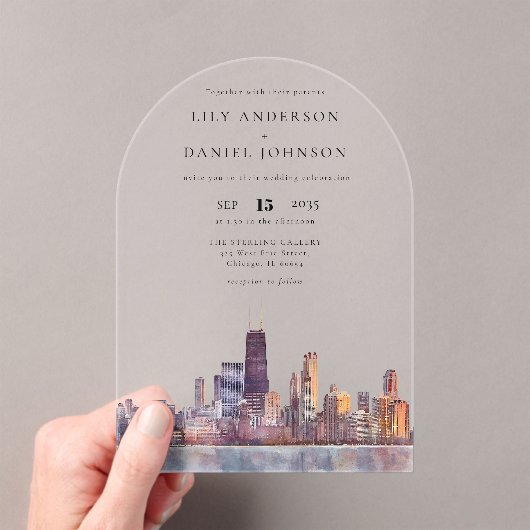 Elegant Chicago Skyline Watercolor Wedding Arch Acryleinladungen (Insitu (Handheld))